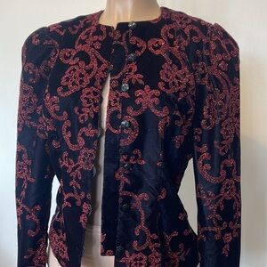 SCOTT-McCLINTOCK  Vintage Black Velvet Blazer w Red bling  Glitter Sz 6” womens
